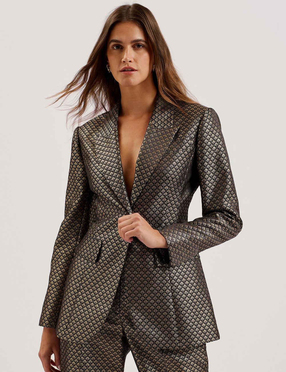 Women Ted Baker MANGU - Tailored Metallic Jacquard Fitted Blazers Black | KSA  7459-QPSDM