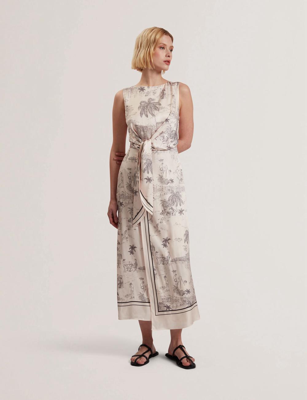 Women Ted Baker MARRONA - Printed Wrap Front Sleeveless Midi Dresses Nude-Pink | KSA  4369-PRGSV