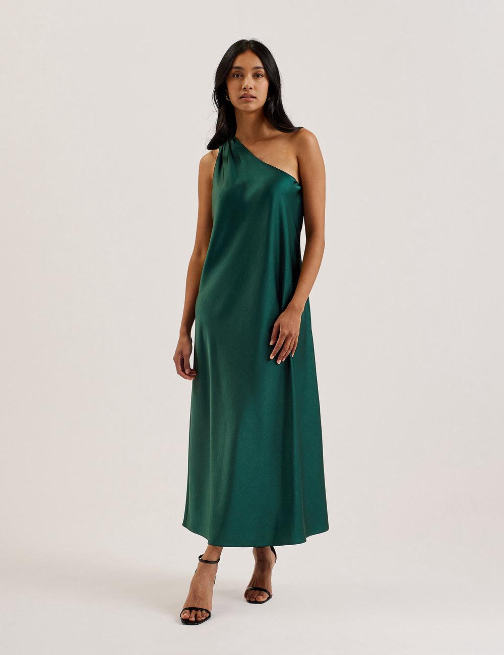 Women Ted Baker MELGAR - Satin One Shoulder Midi Dresses Dk-Green | KSA  0756-TVLFG