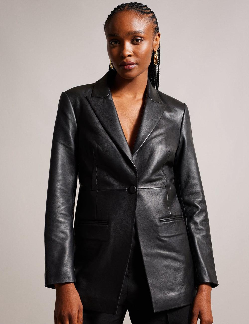Women Ted Baker MELLIIE - Longline Single Breasted Leather Blazers Black | KSA  4381-KOUNJ