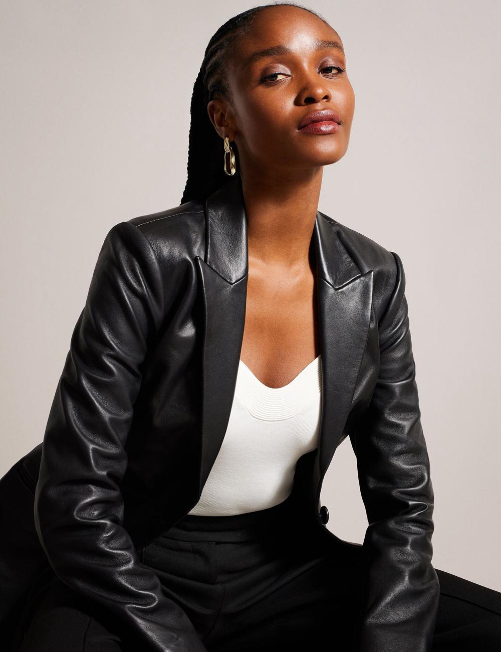Women Ted Baker MELLIIE - Longline Single Breasted Leather Blazers Black | KSA  4381-KOUNJ