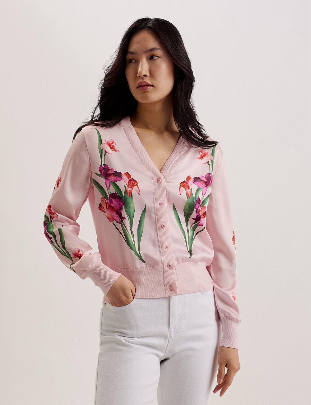 Women Ted Baker MERALLL - Floral Woven Front V-Neck Cardigans Pink | KSA  4957-ZIYGO