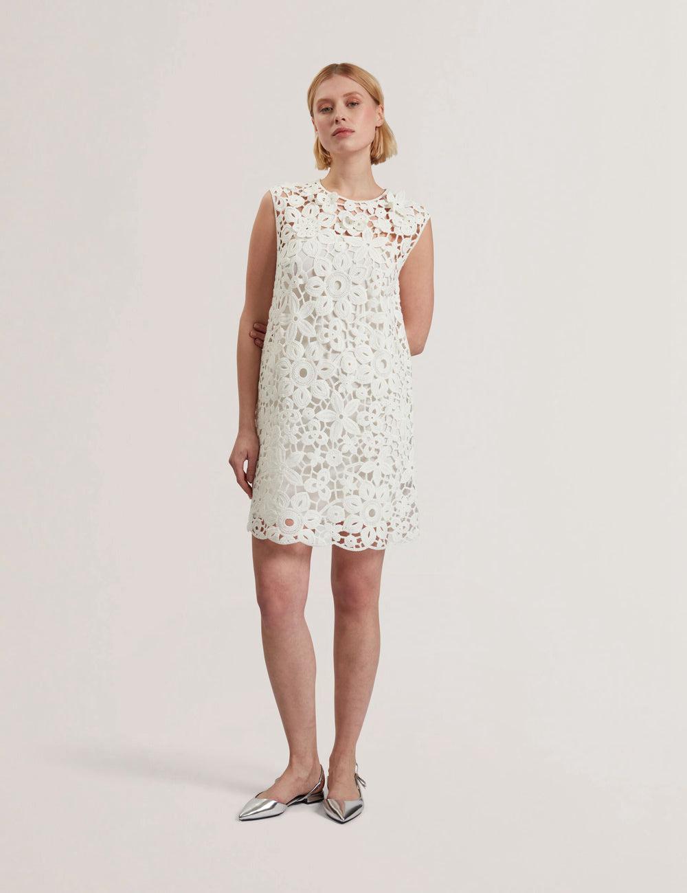 Women Ted Baker MIIKKA - Crochet Sleeveless Shift Mini Dresses White | KSA  9751-QNBUY