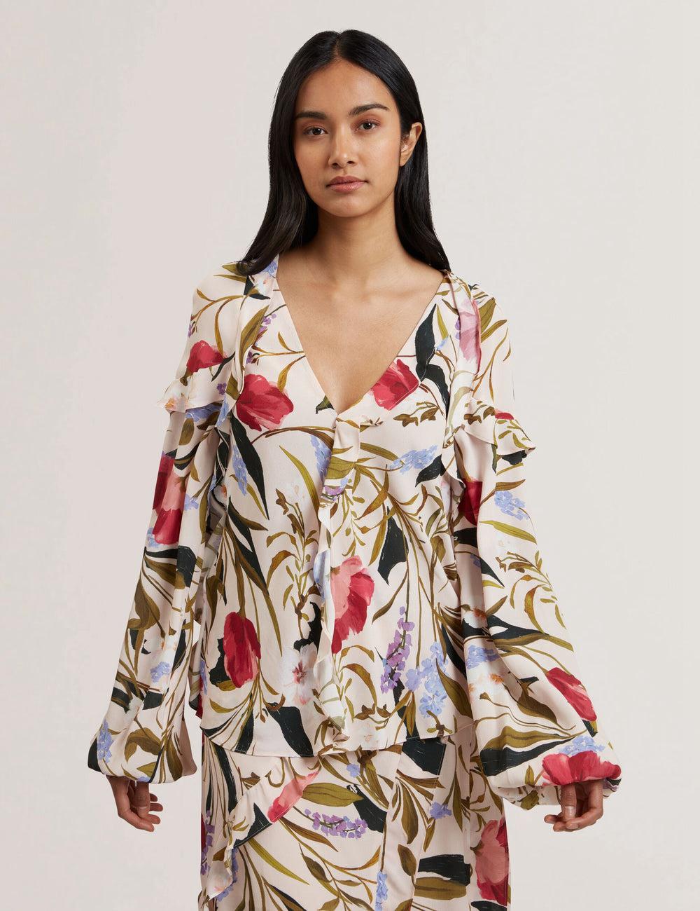 Women Ted Baker MINASA - Floral Print Frill Trim Long Sleeve Blouses Pink | KSA  5321-PJUXN