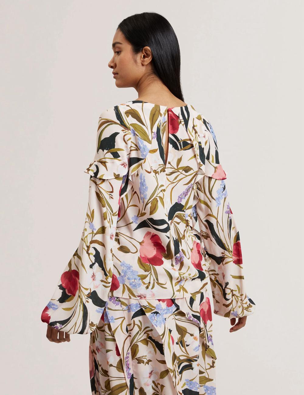 Women Ted Baker MINASA - Floral Print Frill Trim Long Sleeve Blouses Pink | KSA  5321-PJUXN