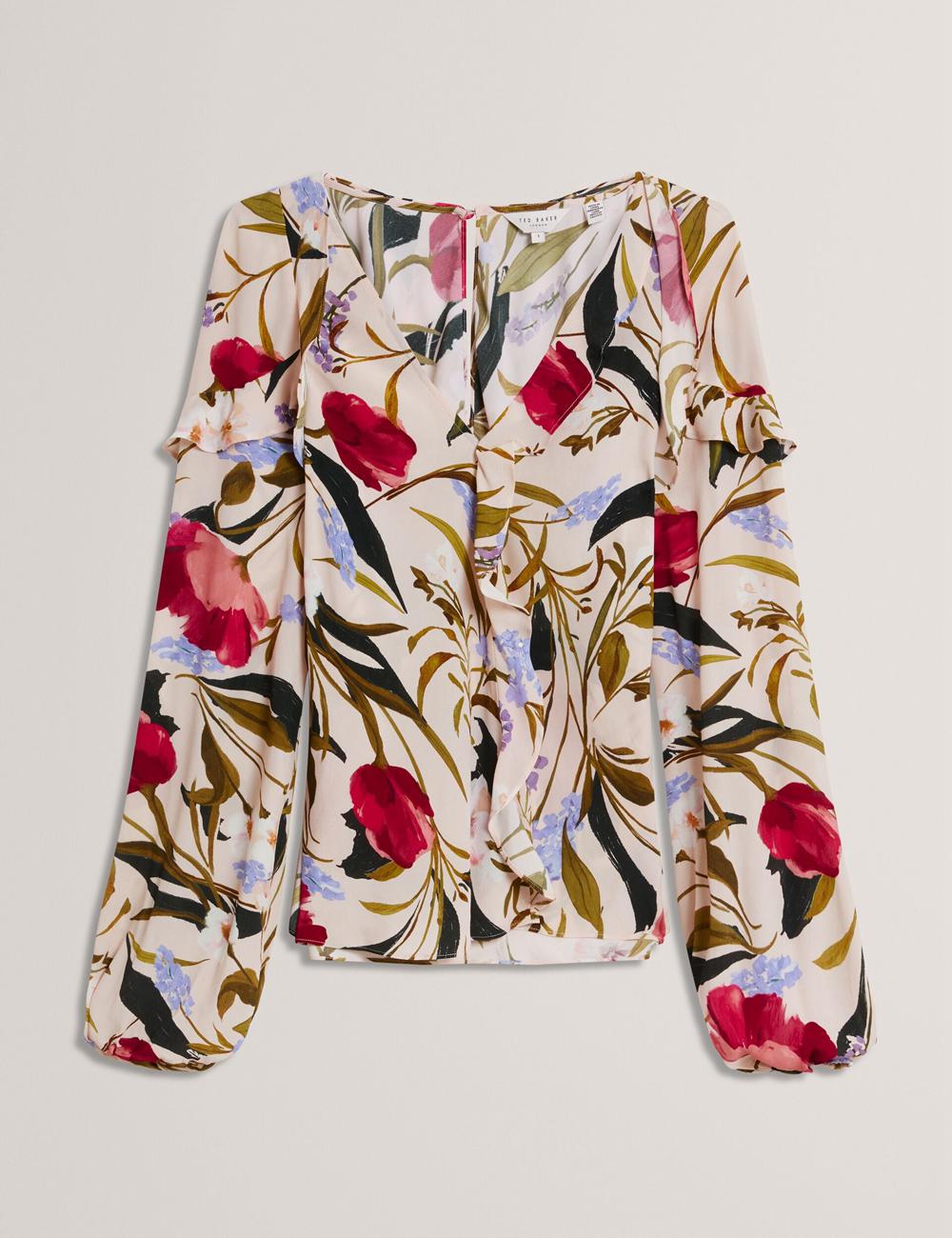 Women Ted Baker MINASA - Floral Print Frill Trim Long Sleeve Blouses Pink | KSA  5321-PJUXN