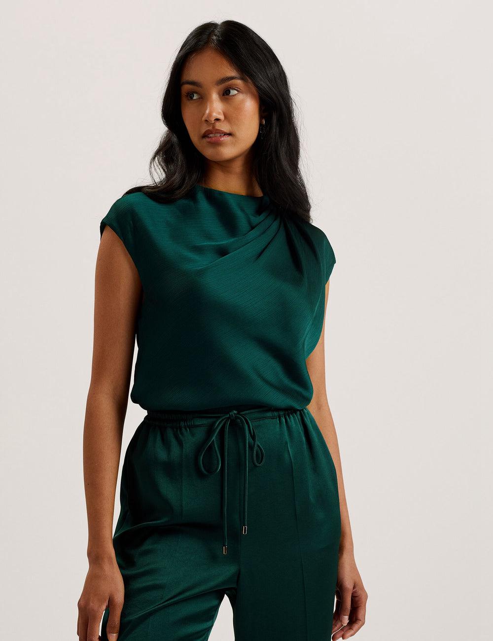 Women Ted Baker MISRINA - Drape Neck Detail Satin Top Jumpers Dk-Green | KSA  5632-NMIFC