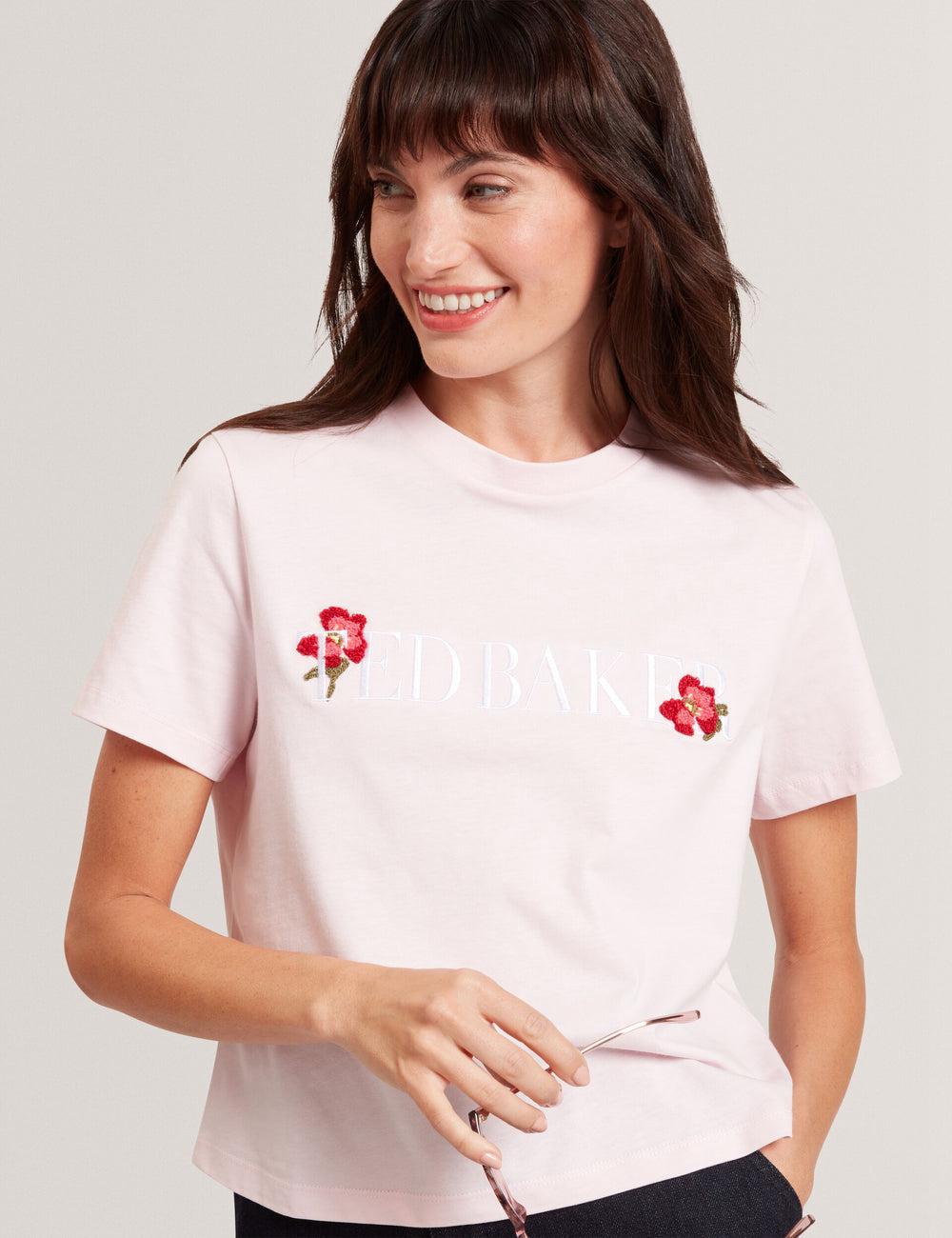 Women Ted Baker MOLII - Embroidered Logo Cropped Cotton T-Shirts Pink | KSA  0197-CPHEB