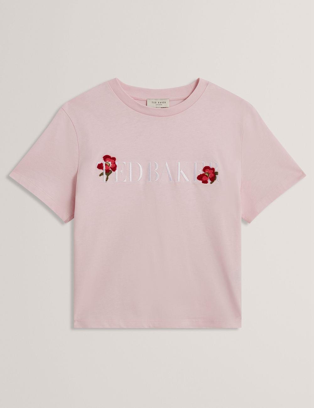 Women Ted Baker MOLII - Embroidered Logo Cropped Cotton T-Shirts Pink | KSA  0197-CPHEB