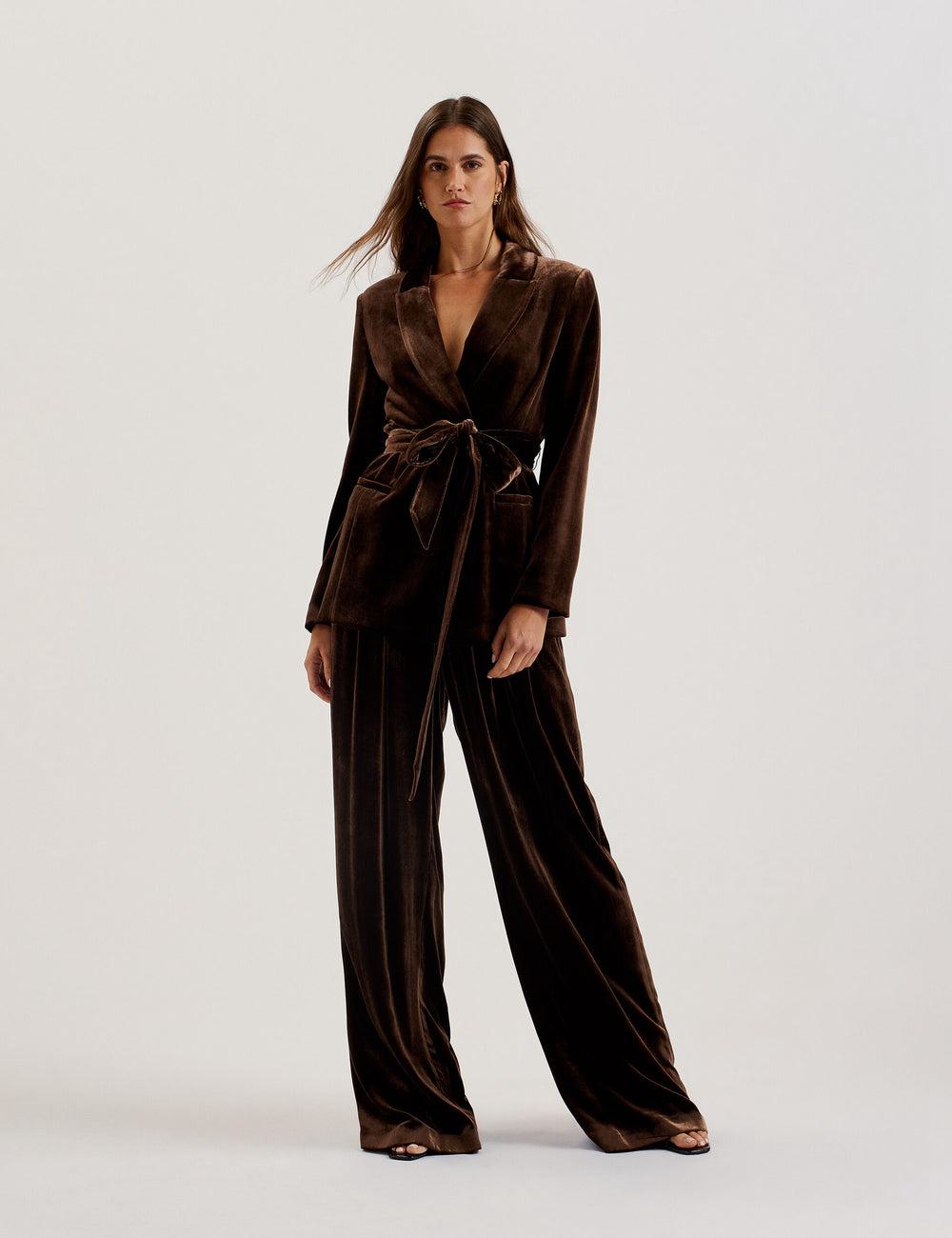 Women Ted Baker MOMIJIT - Velvet Pleated Wide Leg Trousers Brown | KSA  9348-NHXLP
