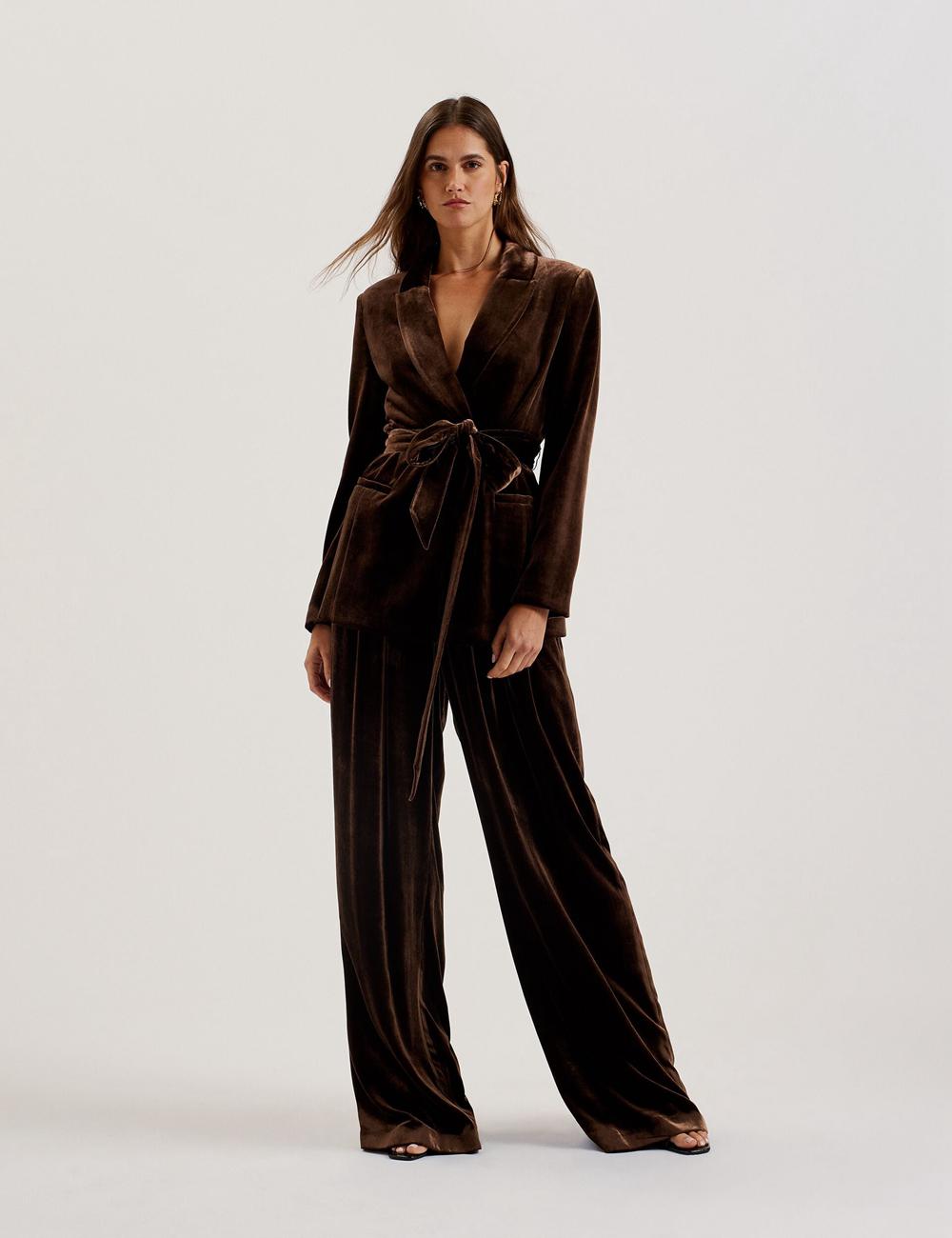 Women Ted Baker MOMIJIT - Velvet Pleated Wide Leg Trousers Brown | KSA  9348-NHXLP