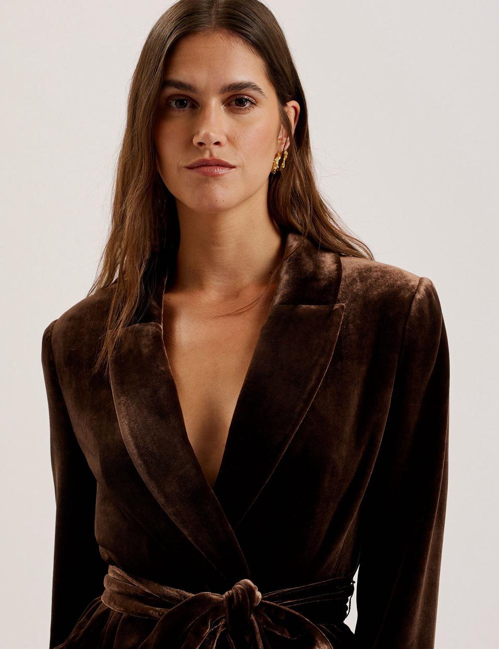 Women Ted Baker MOMIJI - Velvet Waist Single Breasted Blazers Brown | KSA  7194-RTYZP