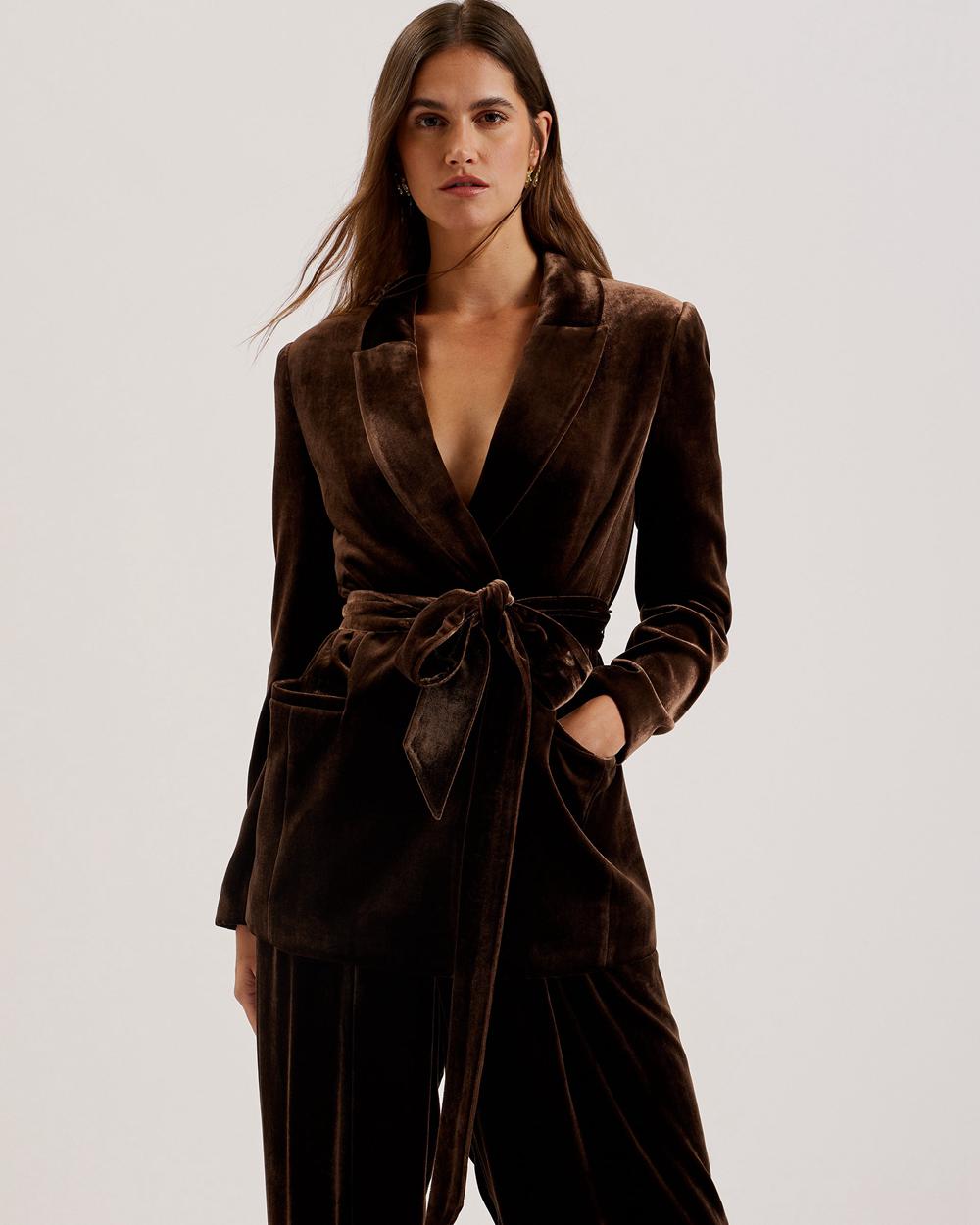 Women Ted Baker MOMIJI - Velvet Waist Single Breasted Blazers Brown | KSA  7194-RTYZP