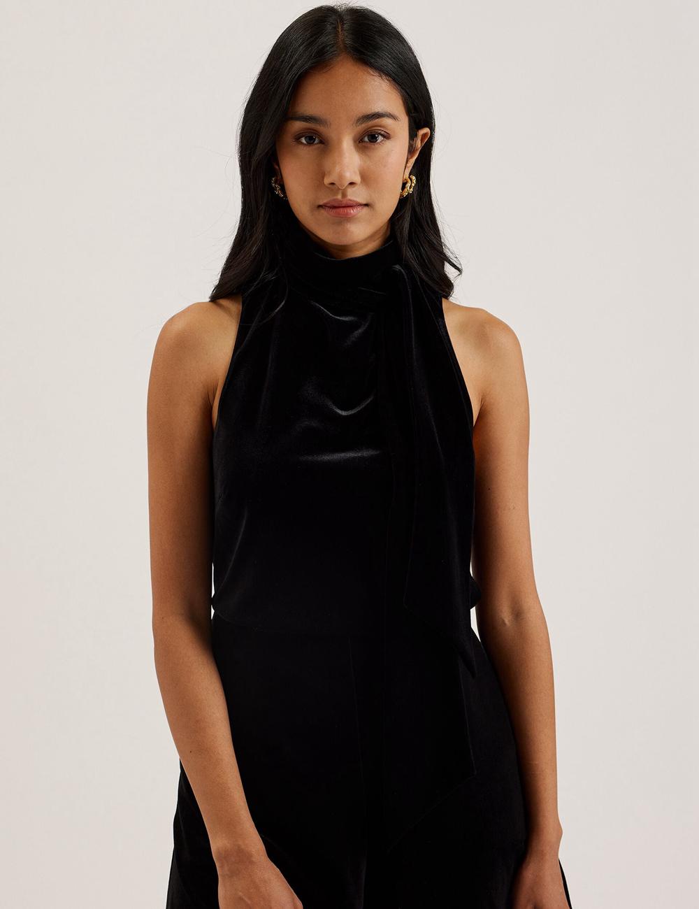 Women Ted Baker NALIAS - Velvet High Cowl Neck Sleeveless Tank Tops Black | KSA  6342-CWFTD