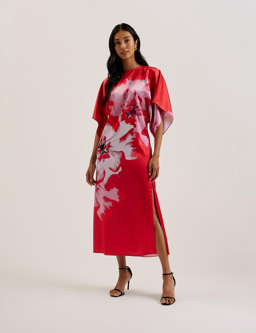 Women Ted Baker NASINU - Printed Satin Batwing Sleeve Midi Dresses Red | KSA  3196-YOJBT