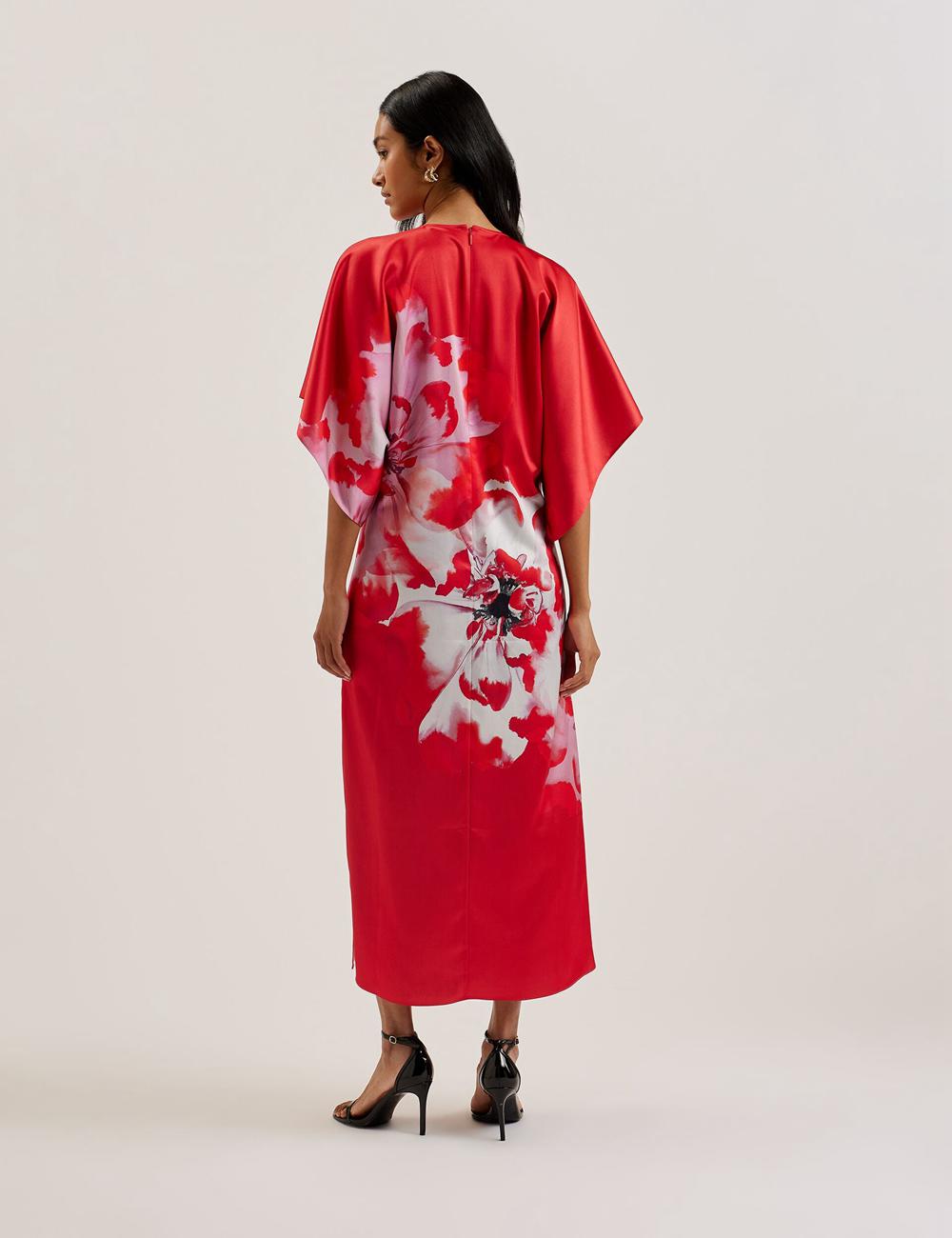 Women Ted Baker NASINU - Printed Satin Batwing Sleeve Midi Dresses Red | KSA  3196-YOJBT