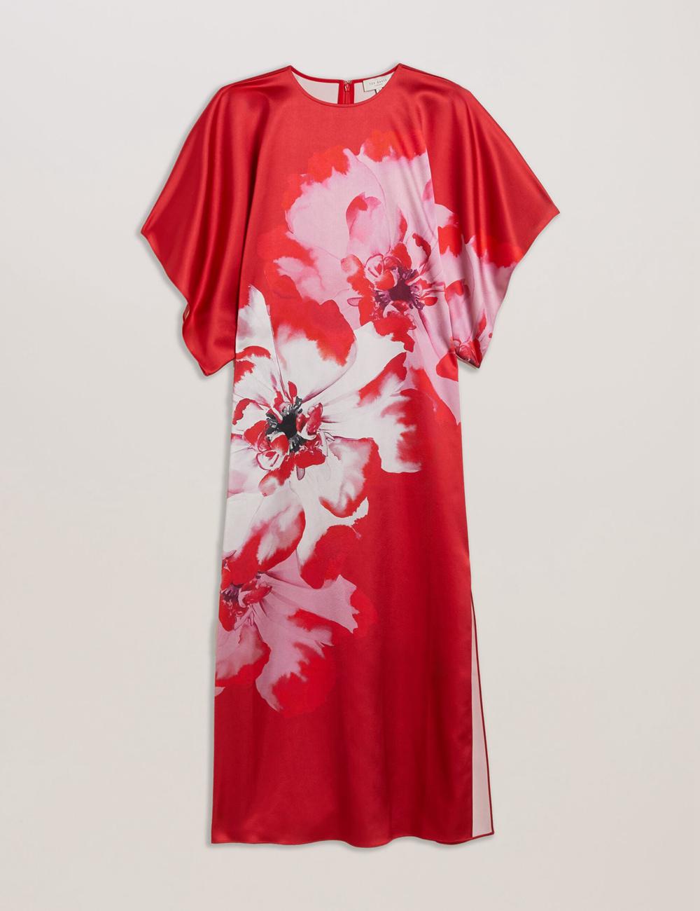 Women Ted Baker NASINU - Printed Satin Batwing Sleeve Midi Dresses Red | KSA  3196-YOJBT