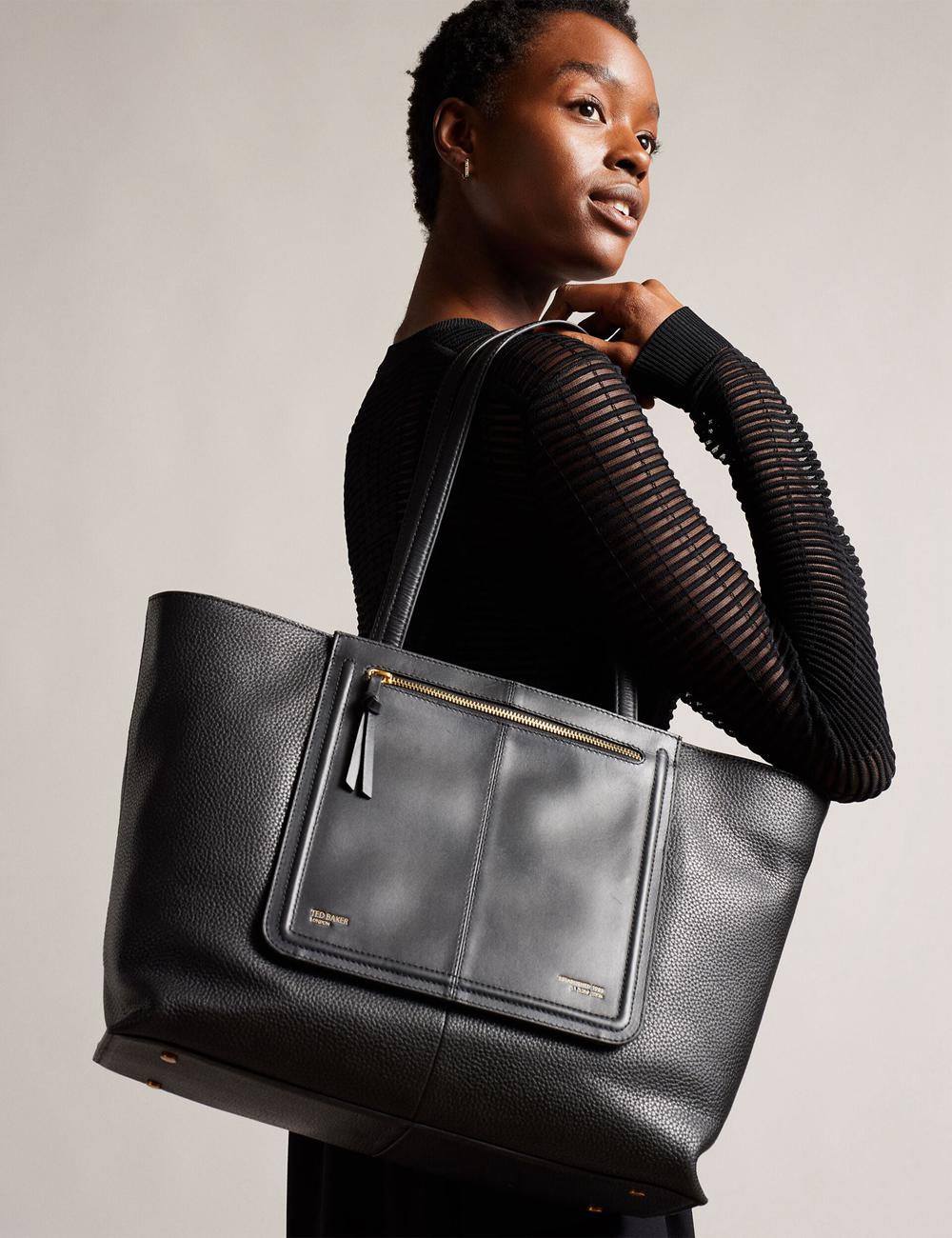 Women Ted Baker NISH - Wide Leather Shopper With Zip Pocket Shopper Bags Black | KSA  5024-RJXQD