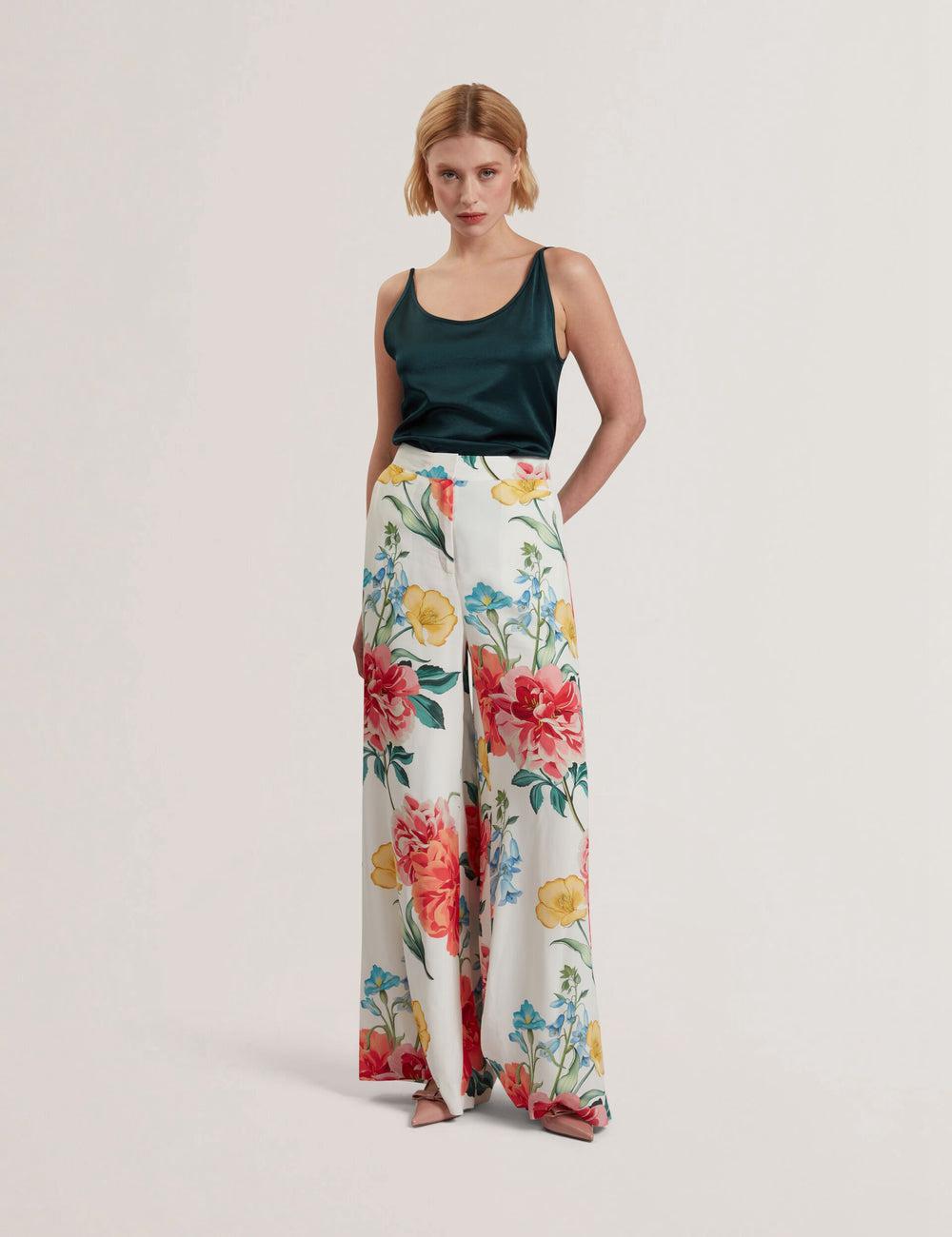 Women Ted Baker NYMPHAT - Floral Print High Waisted Wide Leg Trousers White | KSA  6123-GIUAH