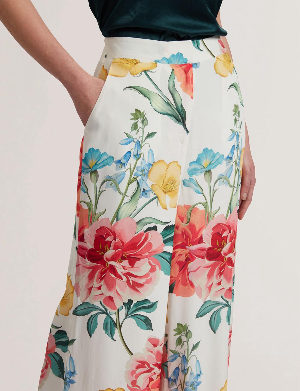 Women Ted Baker NYMPHAT - Floral Print High Waisted Wide Leg Trousers White | KSA  6123-GIUAH