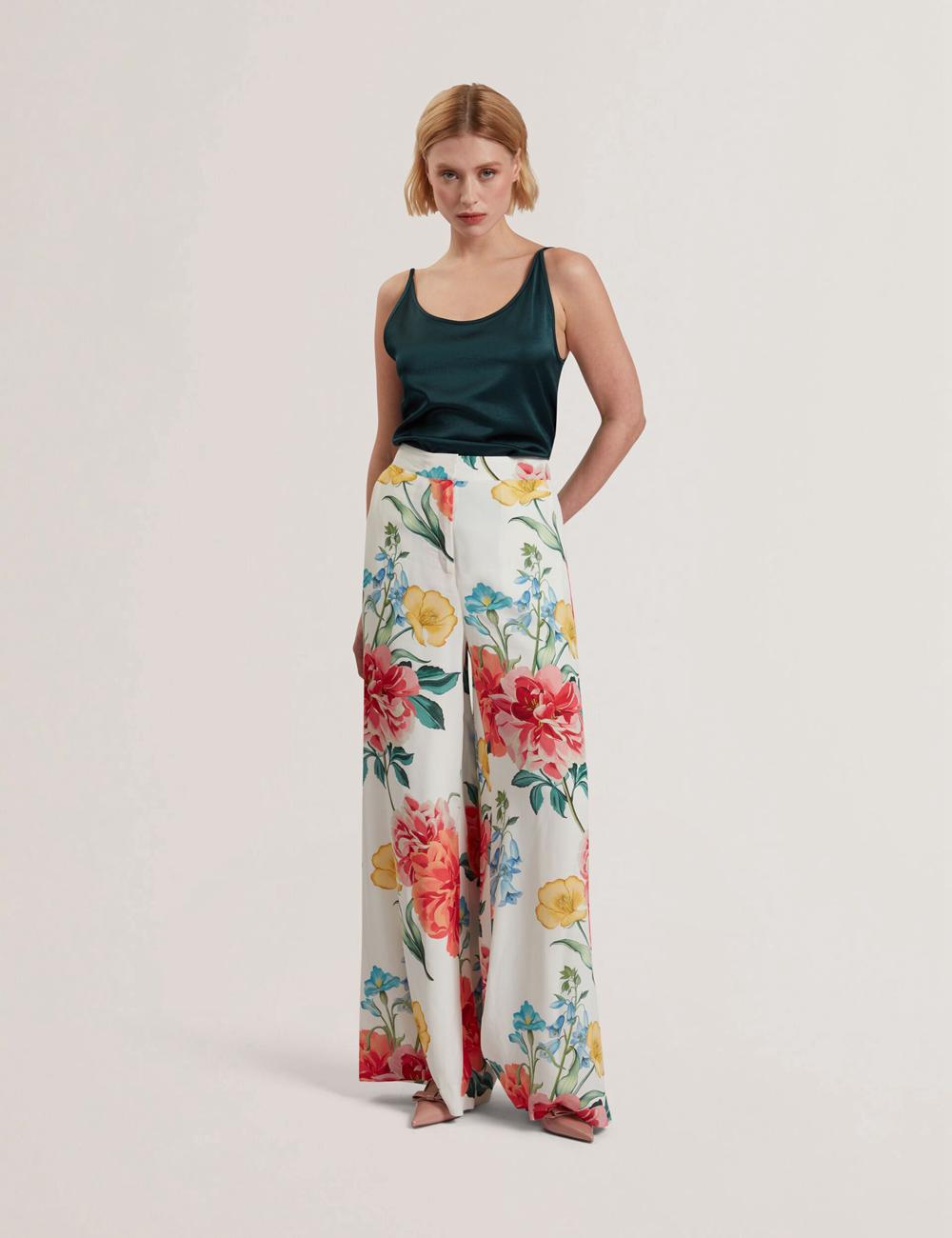 Women Ted Baker NYMPHAT - Floral Print High Waisted Wide Leg Trousers White | KSA  6123-GIUAH