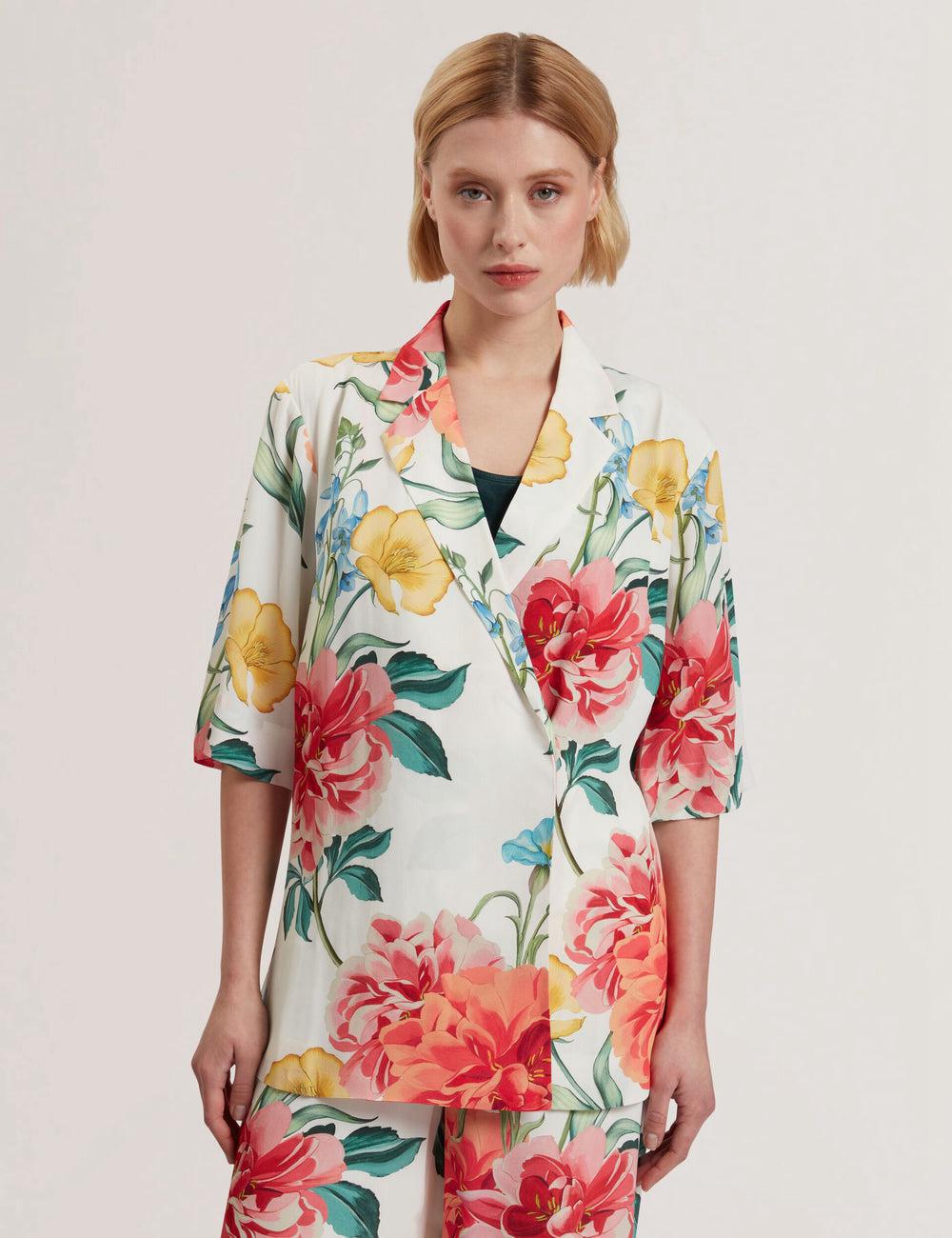 Women Ted Baker NYMPHA - Floral Short Sleeve Oversized Blazers White | KSA  0453-WMASH