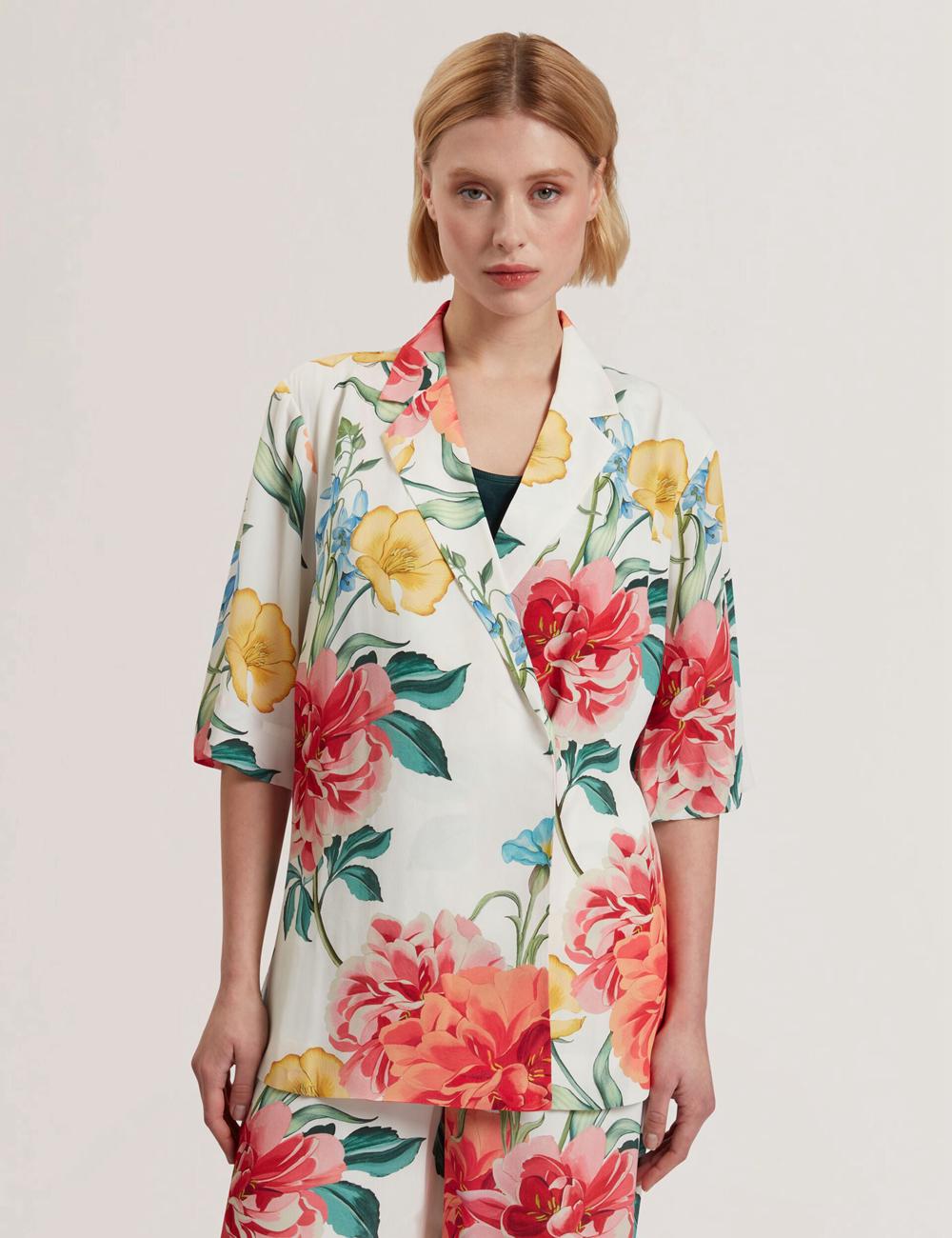 Women Ted Baker NYMPHA - Floral Short Sleeve Oversized Blazers White | KSA  0453-WMASH