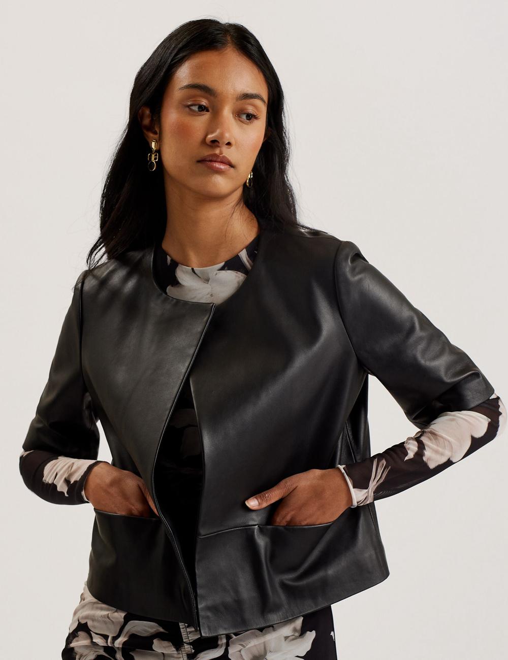 Women Ted Baker OBINO - Cropped Sleeve Open Leather Jackets Black | KSA  8457-YHMFQ