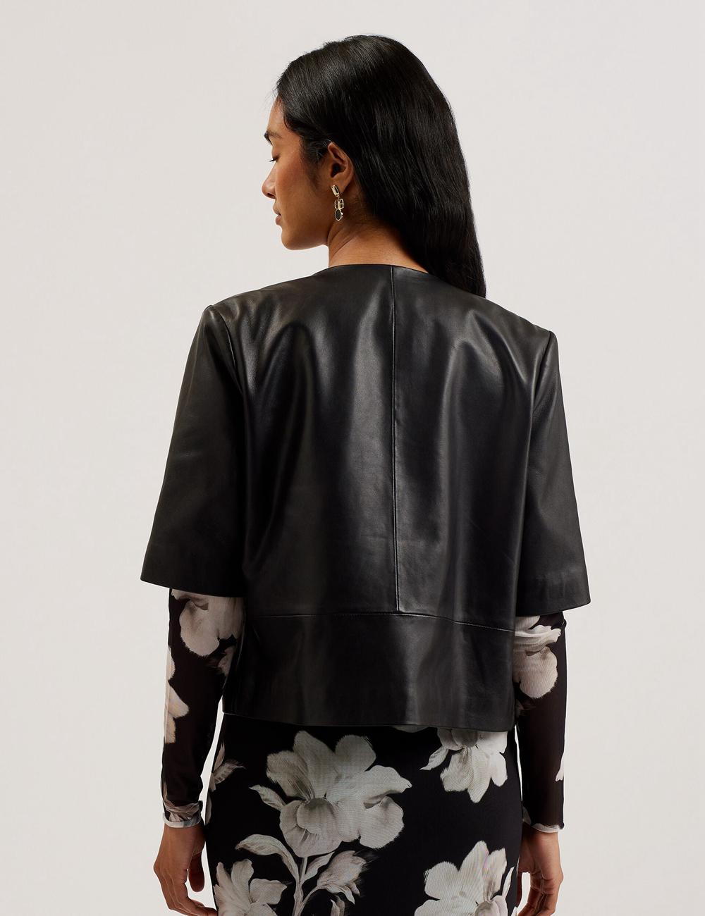 Women Ted Baker OBINO - Cropped Sleeve Open Leather Jackets Black | KSA  8457-YHMFQ