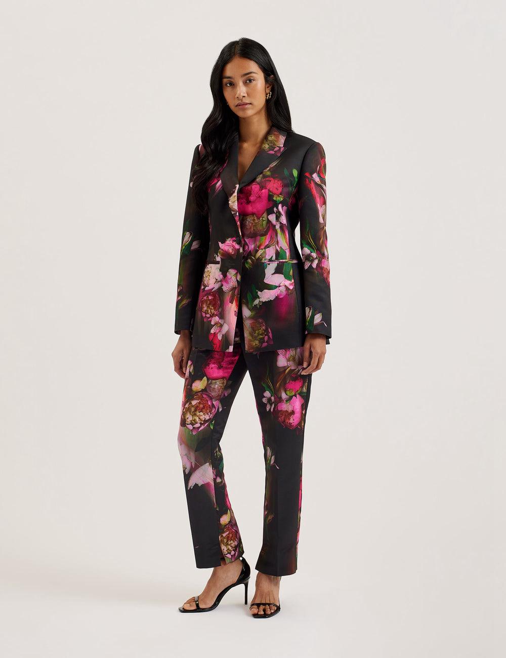 Women Ted Baker OKUNIT - Tapered Leg Floral Print Tailored Trousers Black | KSA  8573-GIVAF