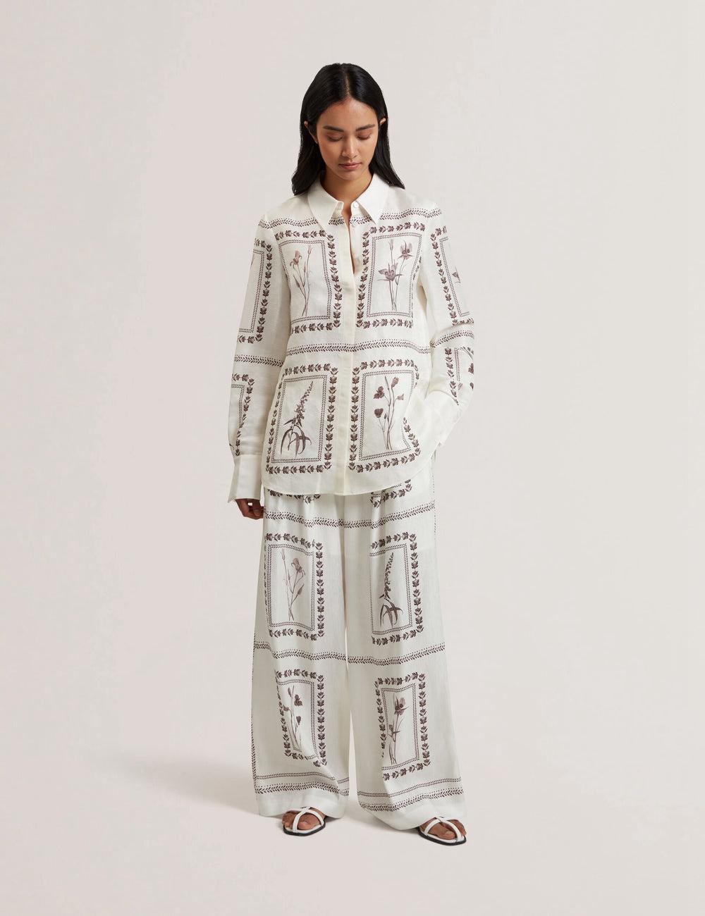 Women Ted Baker ORNITHA - Panel Print Silk Linen Wide Leg Trousers Ivory | KSA  8526-XNEJS
