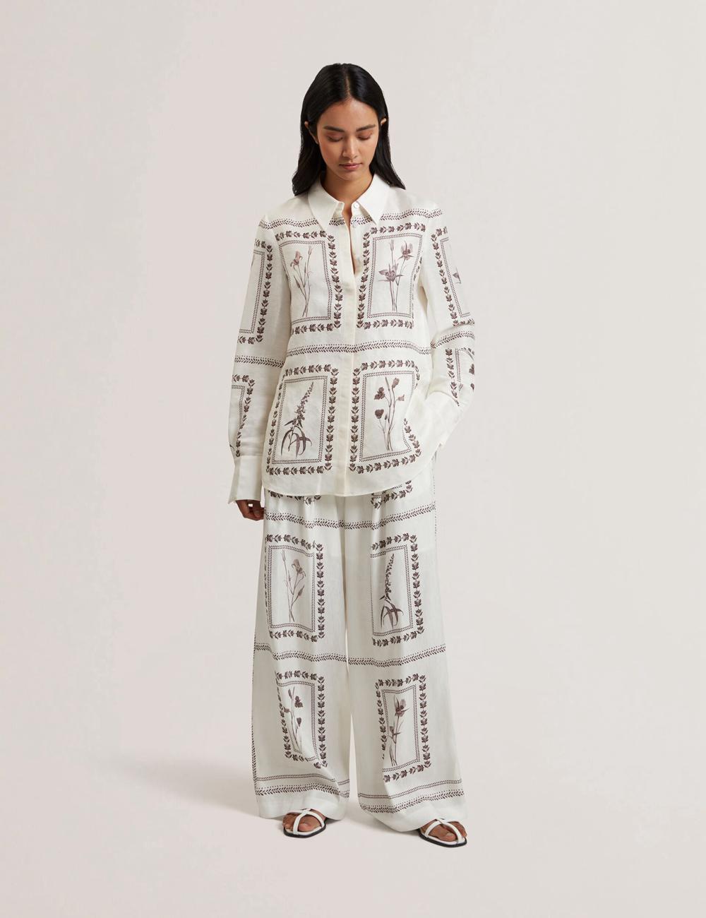 Women Ted Baker ORNITHA - Panel Print Silk Linen Wide Leg Trousers Ivory | KSA  8526-XNEJS