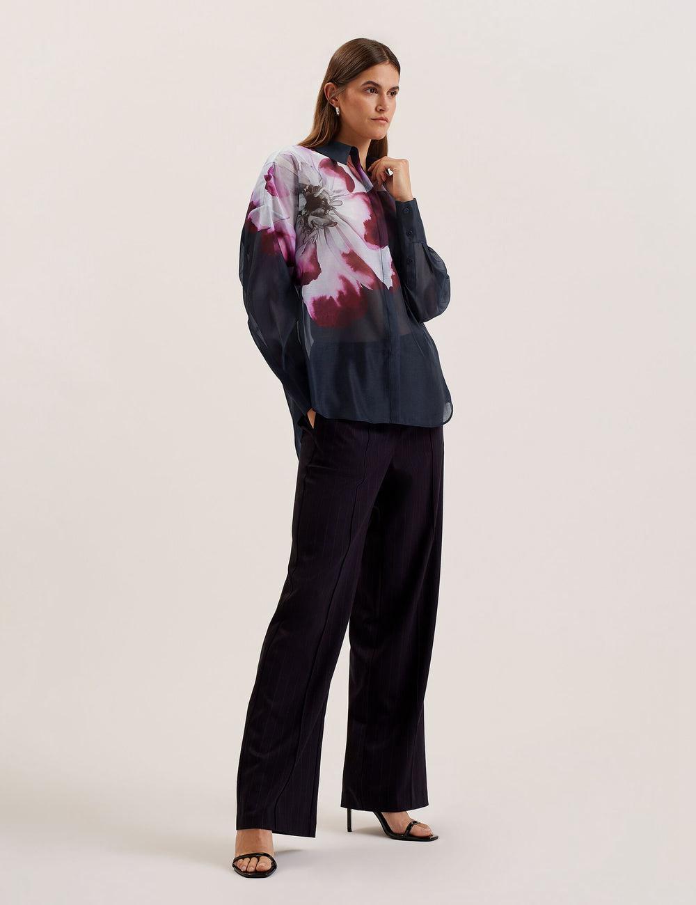 Women Ted Baker ORRIN - Floral Sheer Organza Oversized Casual Shirts Navy | KSA  2136-OWSKI