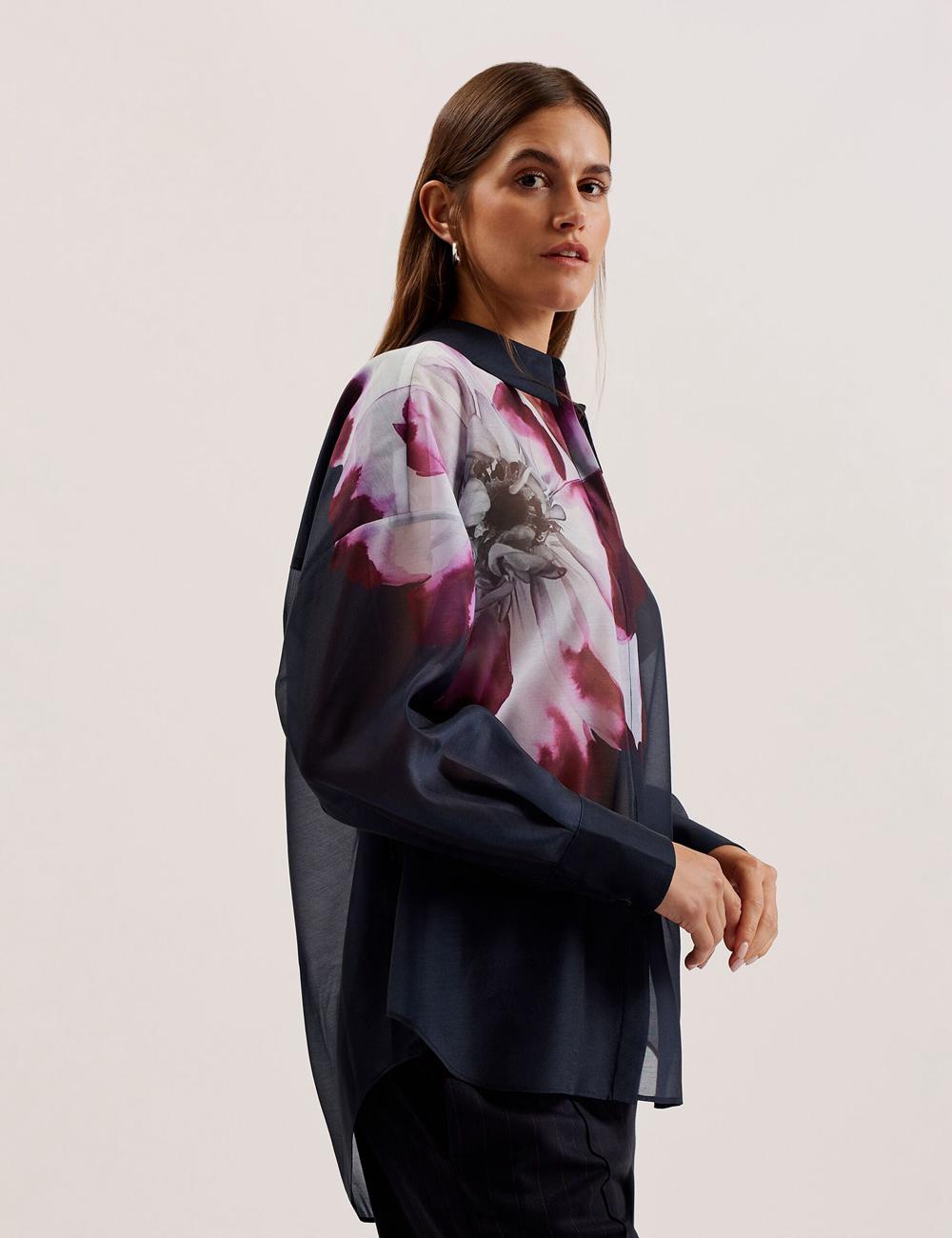 Women Ted Baker ORRIN - Floral Sheer Organza Oversized Casual Shirts Navy | KSA  2136-OWSKI