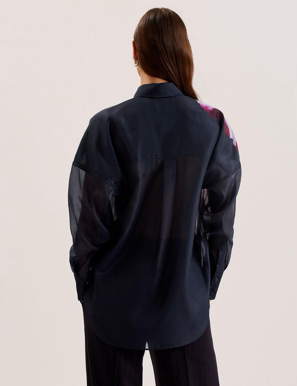 Women Ted Baker ORRIN - Floral Sheer Organza Oversized Casual Shirts Navy | KSA  2136-OWSKI