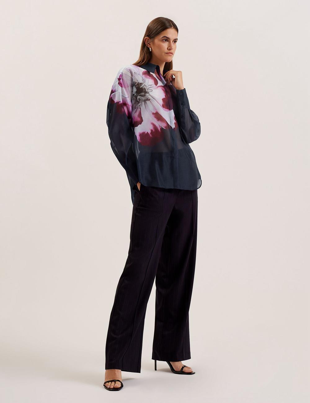 Women Ted Baker ORRIN - Floral Sheer Organza Oversized Casual Shirts Navy | KSA  2136-OWSKI