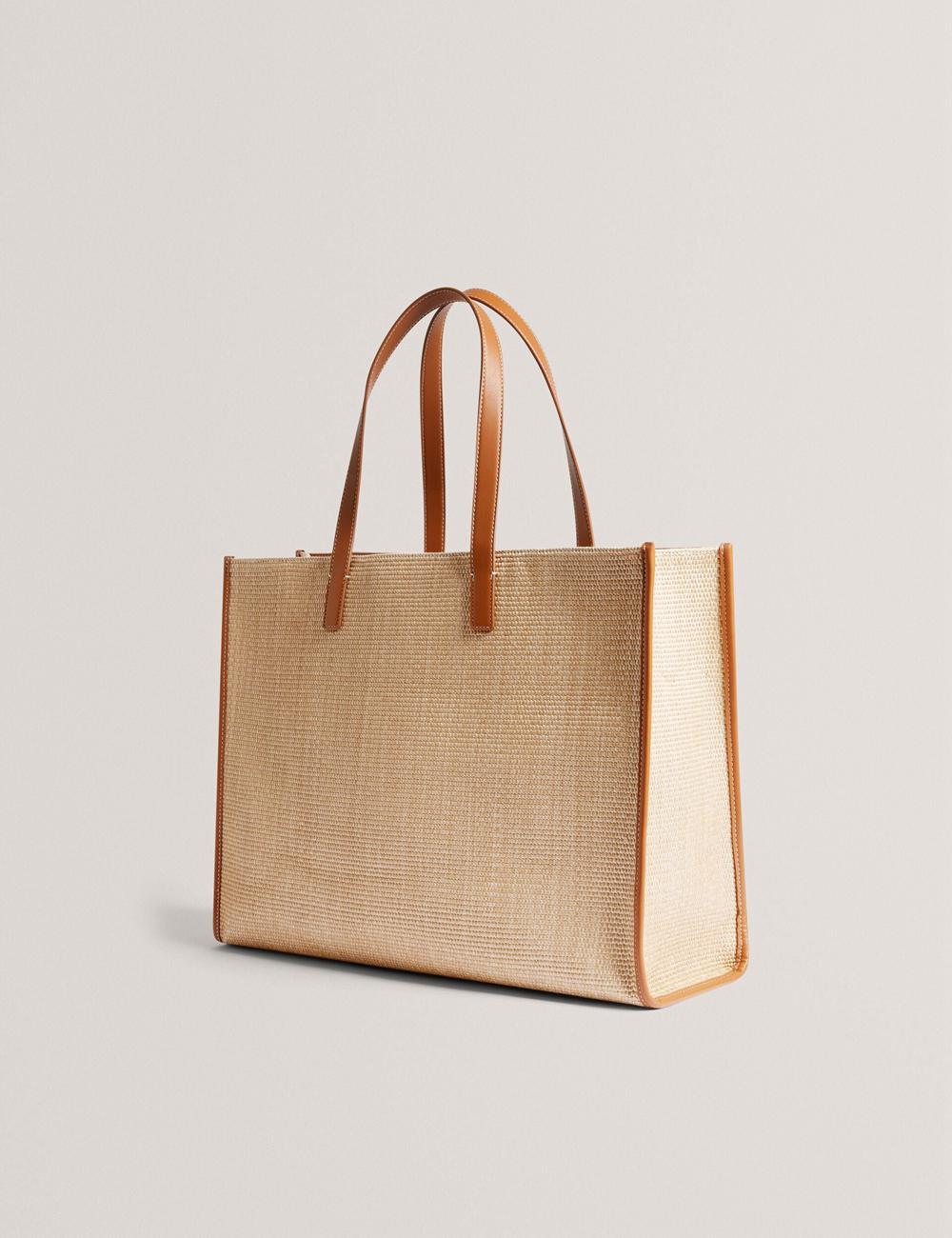 Women Ted Baker PALLMER - Faux Raffia PU Trim Large Tote Bags Taupe | KSA  7496-ETOVP