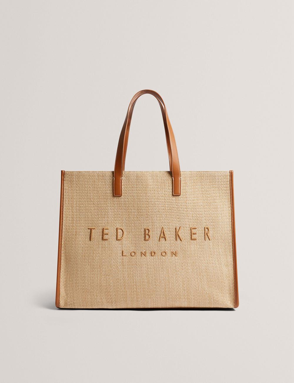 Women Ted Baker PALLMER - Faux Raffia PU Trim Large Tote Bags Taupe | KSA  7496-ETOVP