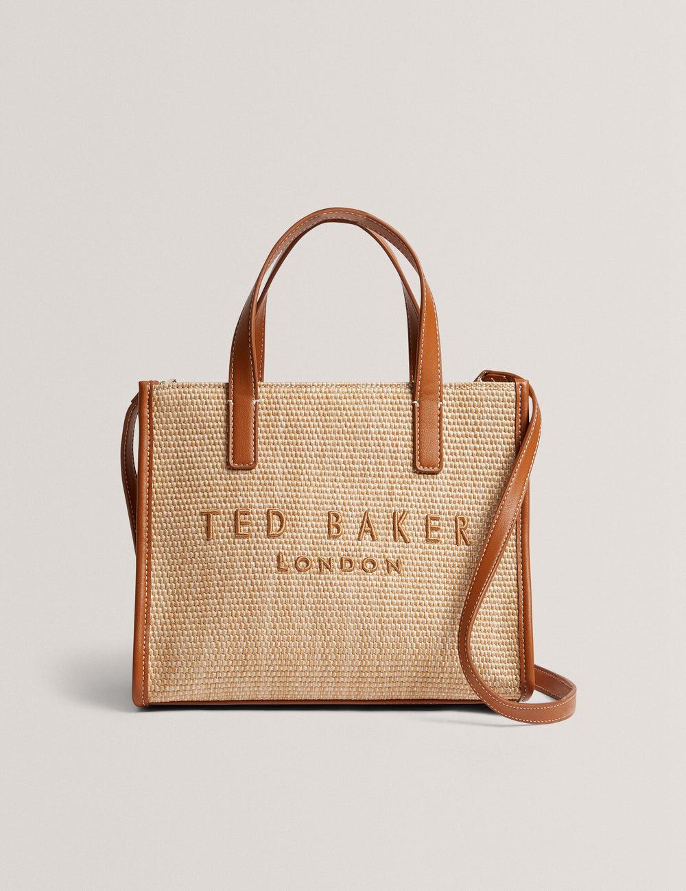 Women Ted Baker PAOLINA - Faux Raffia PU Trim Small Tote Bags Camel | KSA  1769-SGNLT