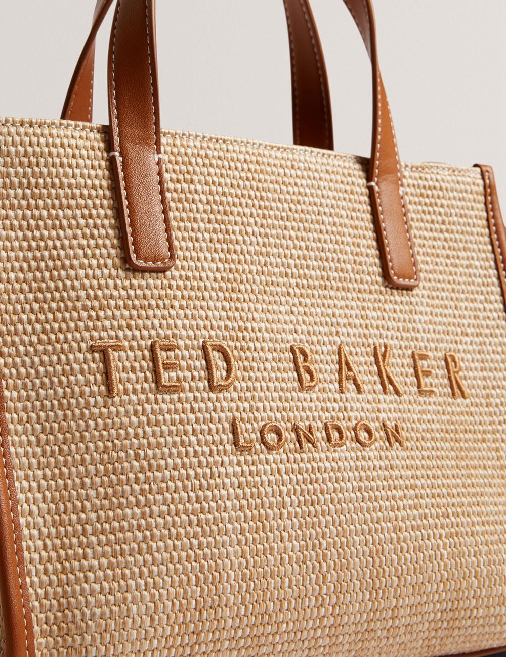 Women Ted Baker PAOLINA - Faux Raffia PU Trim Small Tote Bags Camel | KSA  1769-SGNLT