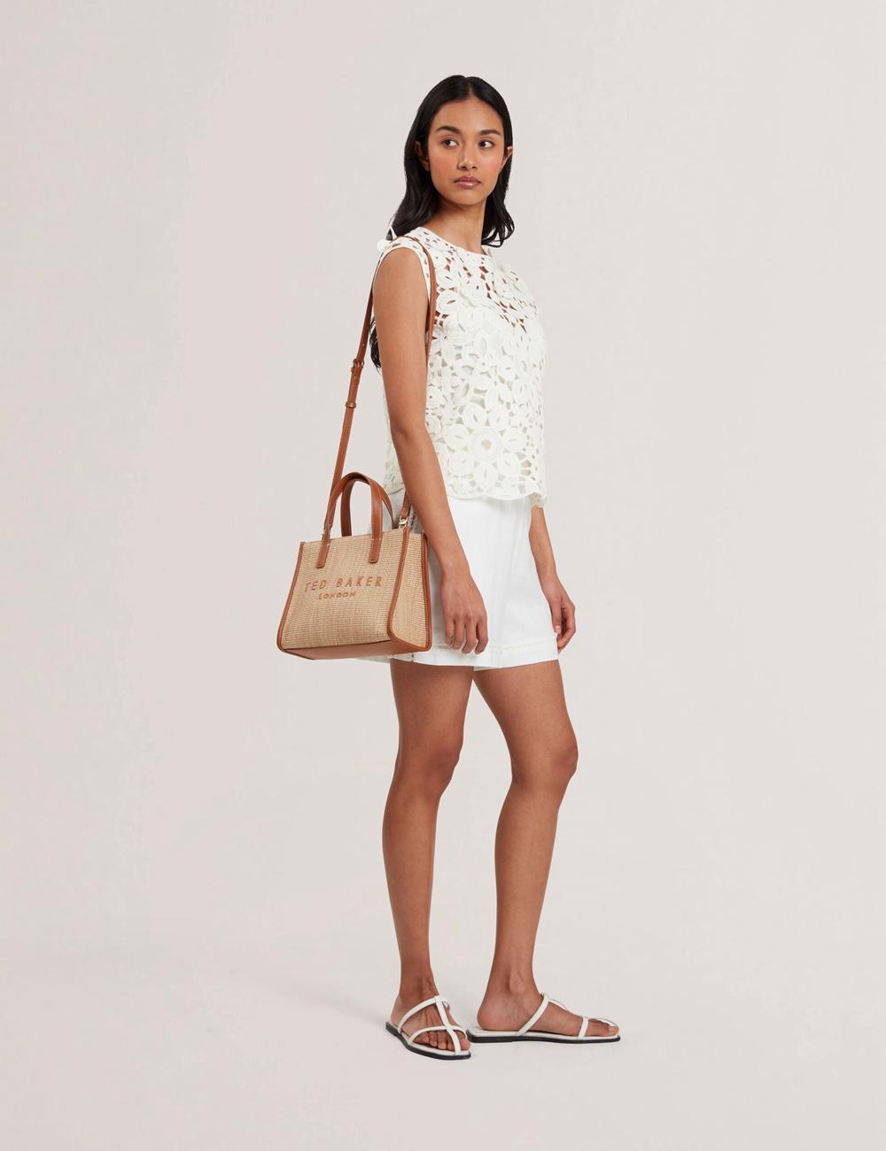 Women Ted Baker PAOLINA - Faux Raffia PU Trim Small Tote Bags Camel | KSA  1769-SGNLT