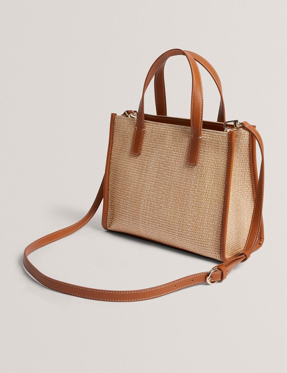 Women Ted Baker PAOLINA - Faux Raffia PU Trim Small Tote Bags Camel | KSA  1769-SGNLT