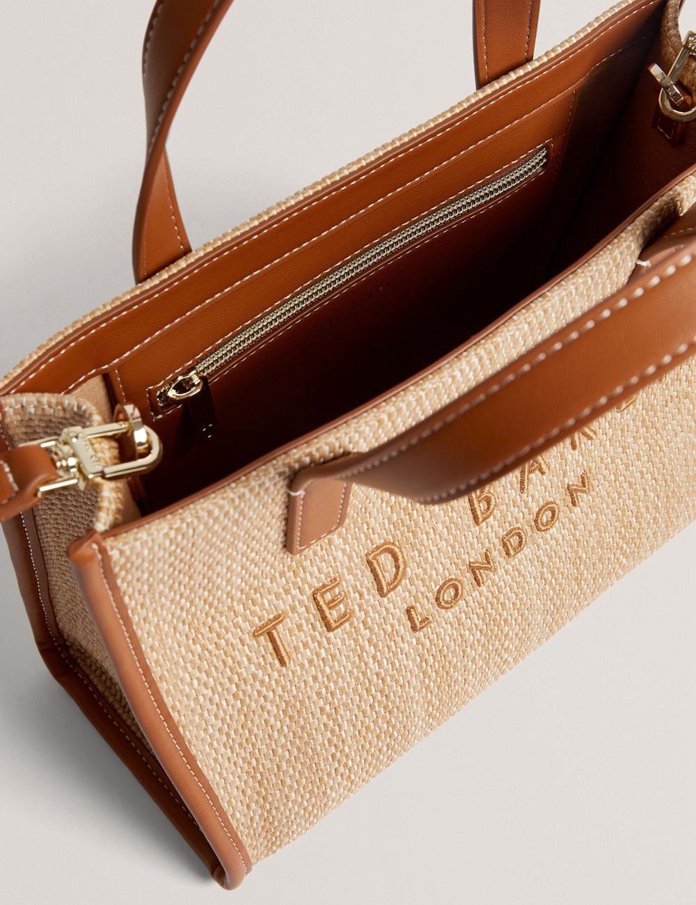 Women Ted Baker PAOLINA - Faux Raffia PU Trim Small Tote Bags Camel | KSA  1769-SGNLT