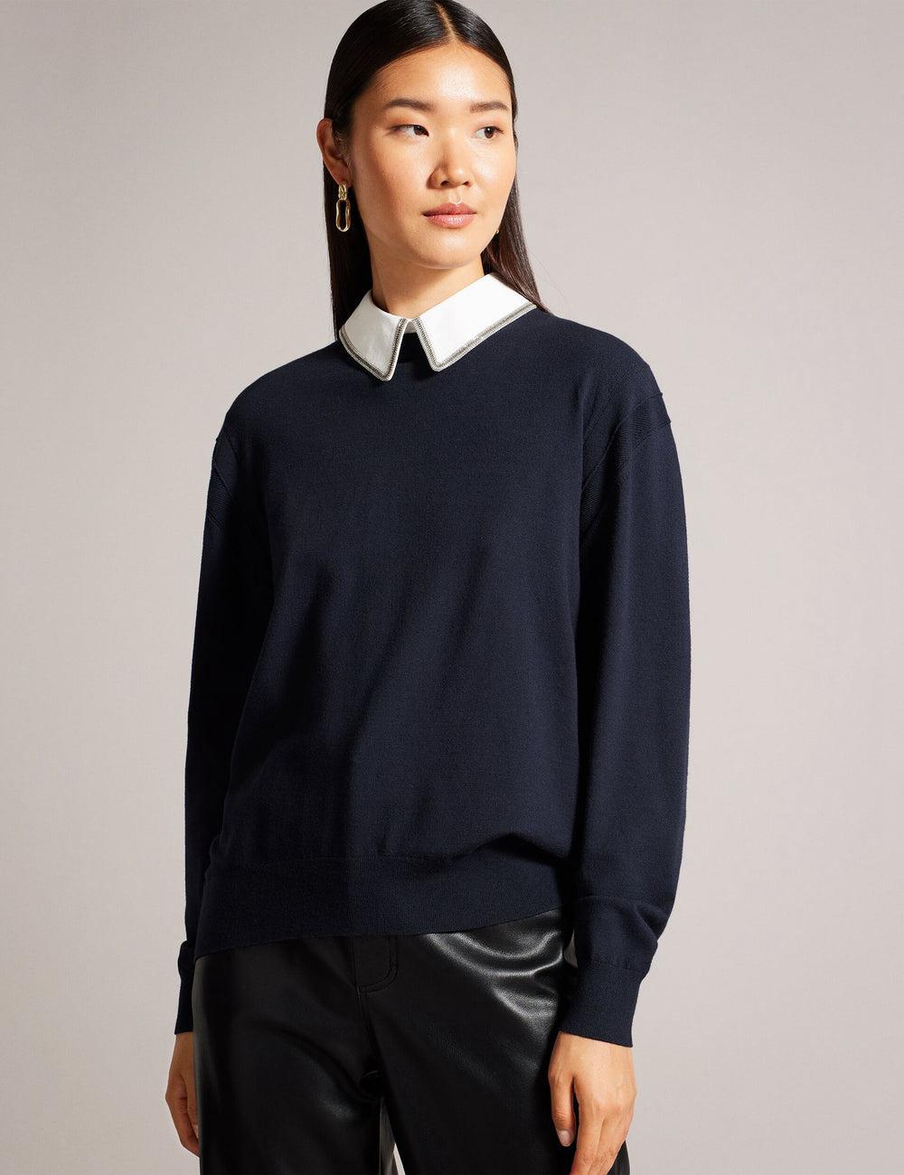 Women Ted Baker PENNII - Mockable With Embellished Shirt Collar Jumpers Navy | KSA  5891-BJHTZ