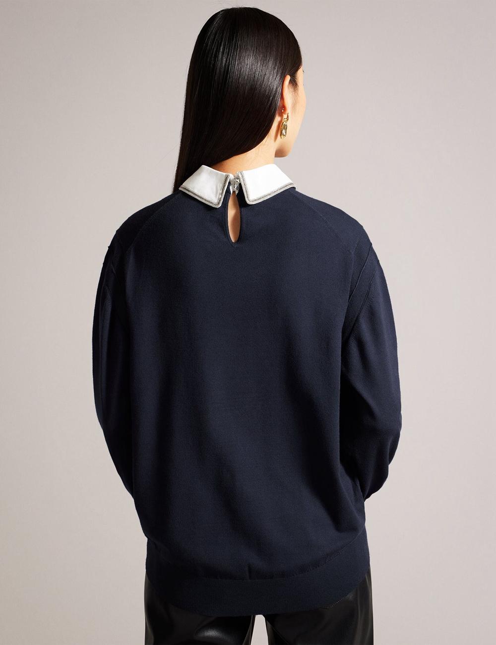 Women Ted Baker PENNII - Mockable With Embellished Shirt Collar Jumpers Navy | KSA  5891-BJHTZ