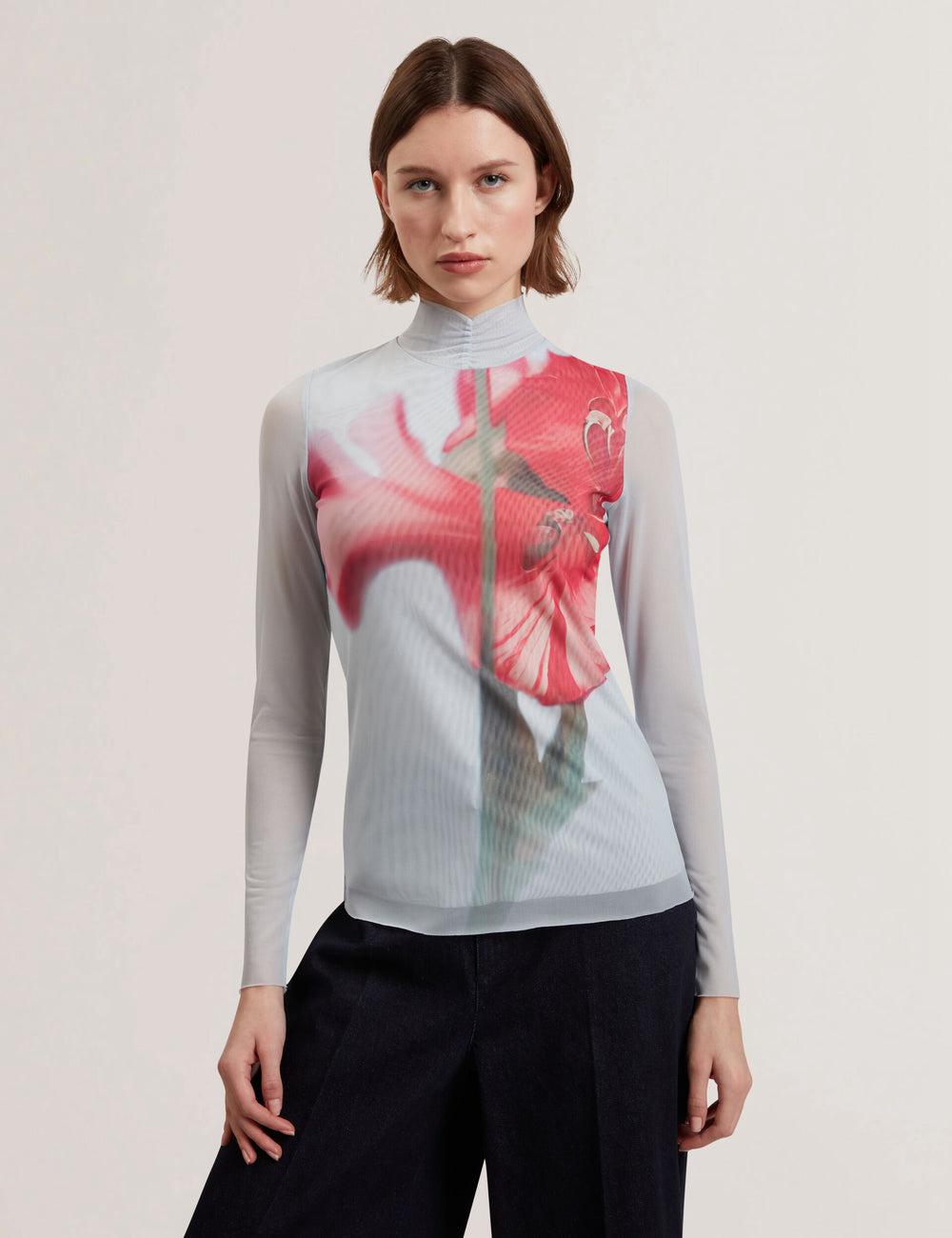 Women Ted Baker PIPYA - Floral High Neck Long Sleeve Mesh Tops Blue | KSA  7298-SFDZH