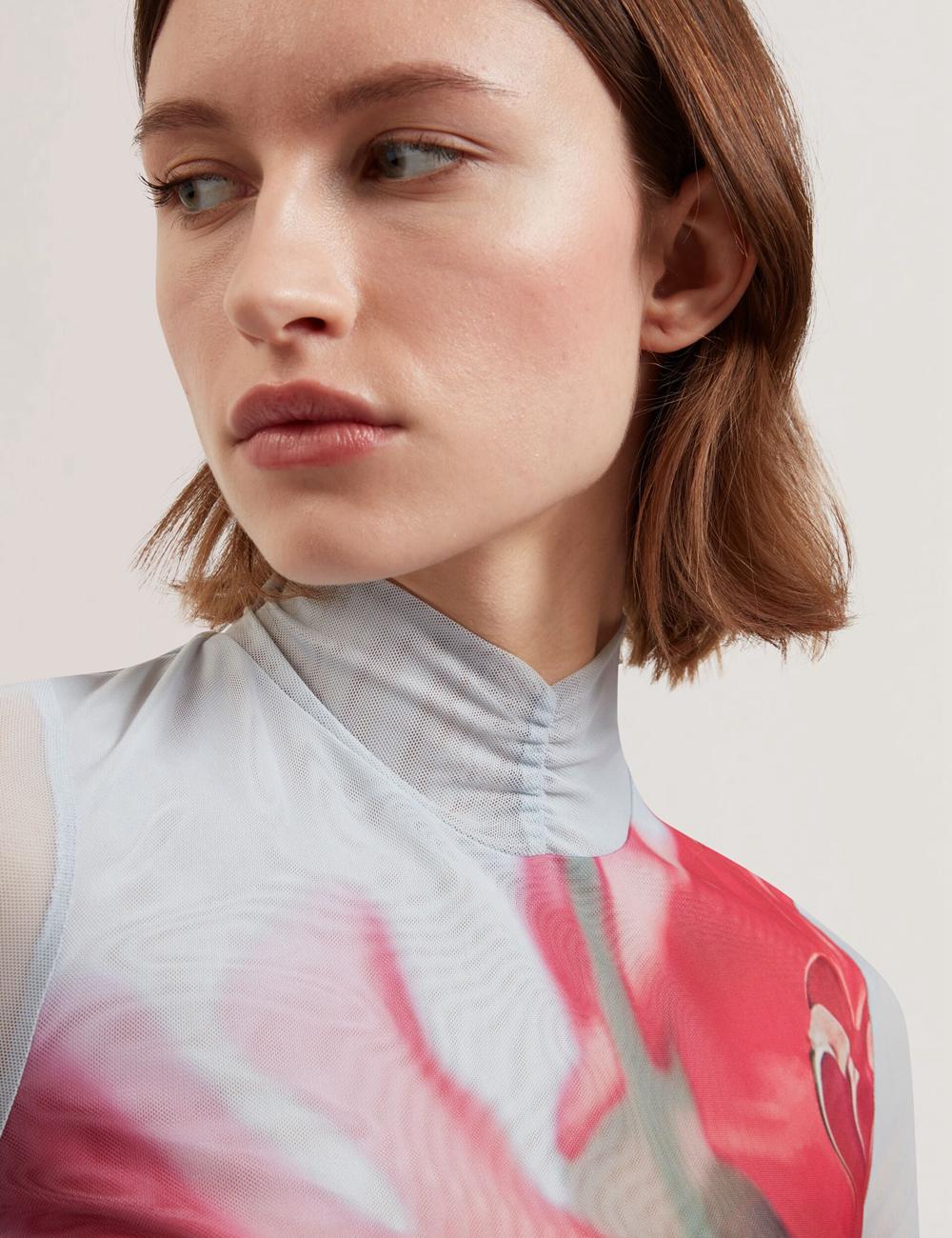 Women Ted Baker PIPYA - Floral High Neck Long Sleeve Mesh Tops Blue | KSA  7298-SFDZH