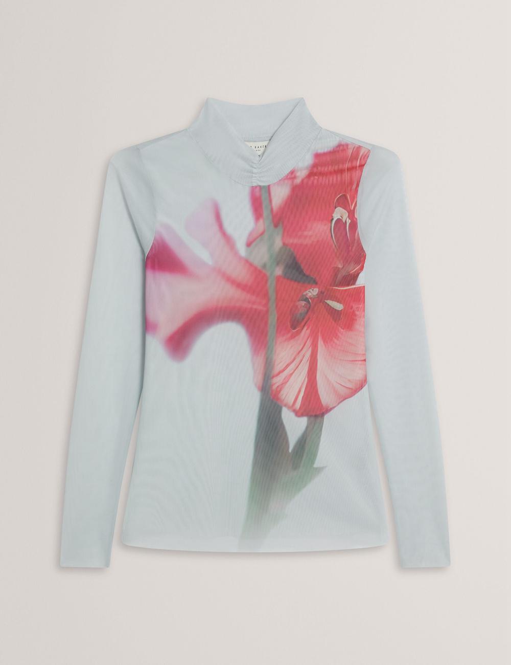 Women Ted Baker PIPYA - Floral High Neck Long Sleeve Mesh Tops Blue | KSA  7298-SFDZH