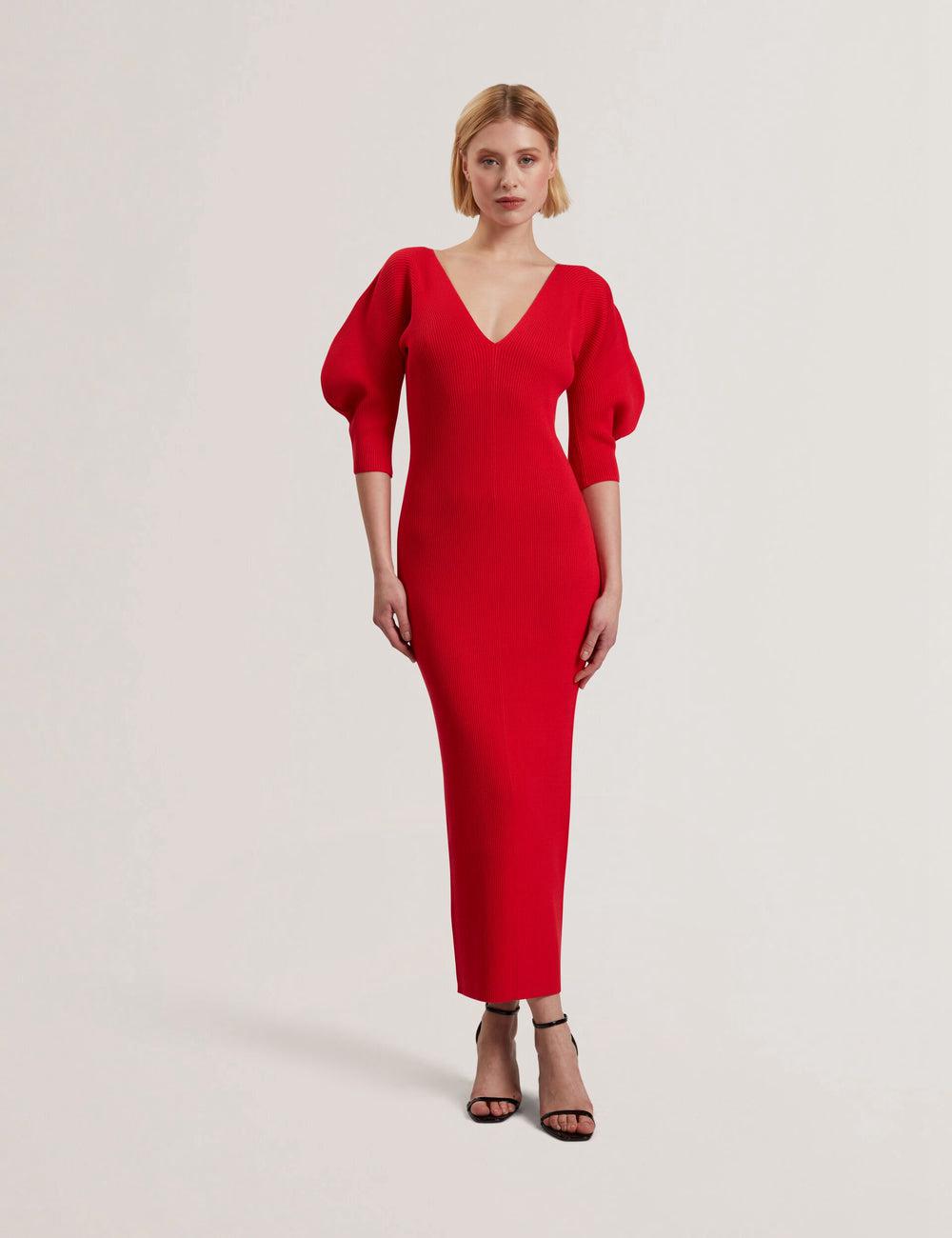 Women Ted Baker PRICILA - Shaped Sleeve Knitted Bodycon Midi Dresses Red | KSA  0958-FCGTI