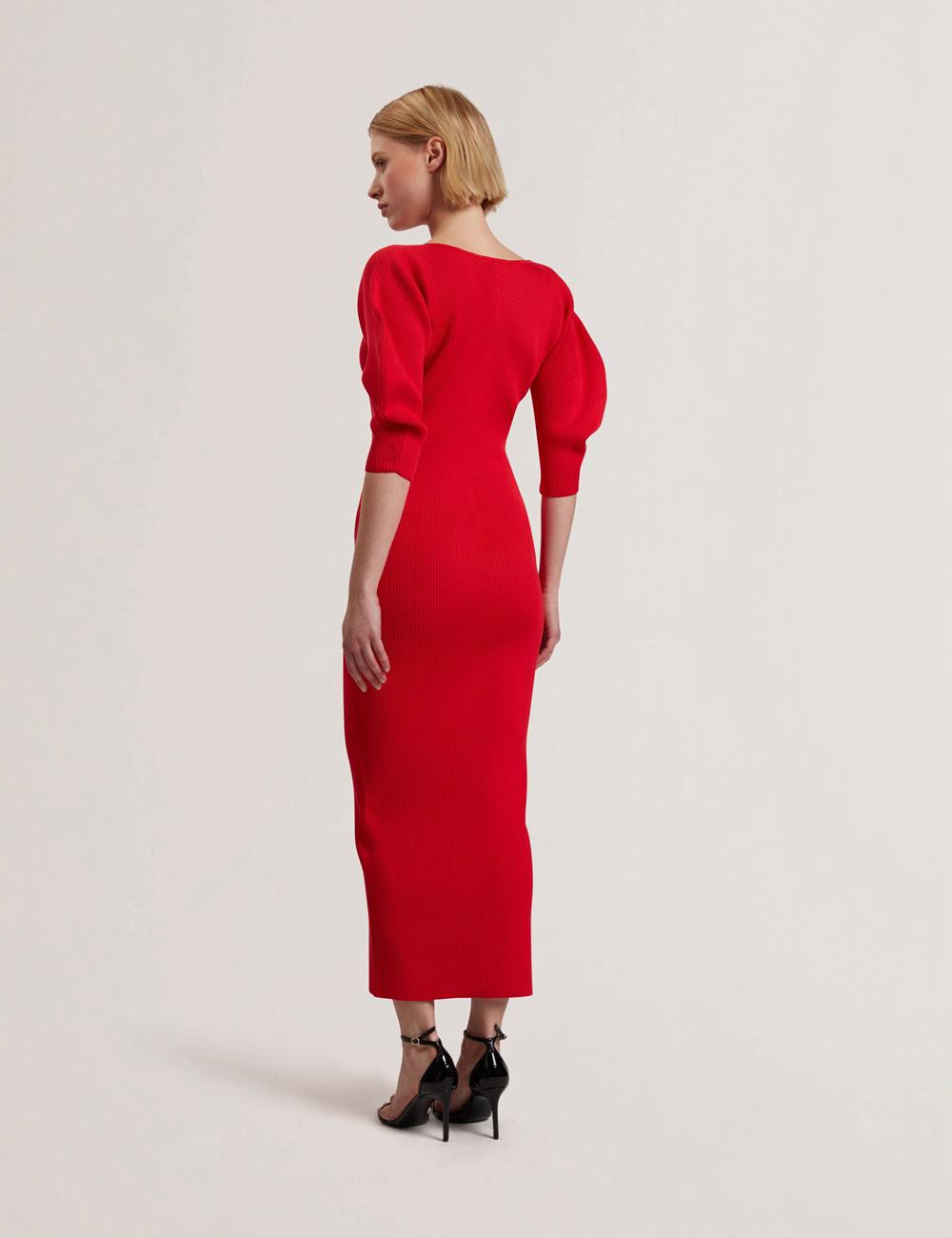 Women Ted Baker PRICILA - Shaped Sleeve Knitted Bodycon Midi Dresses Red | KSA  0958-FCGTI